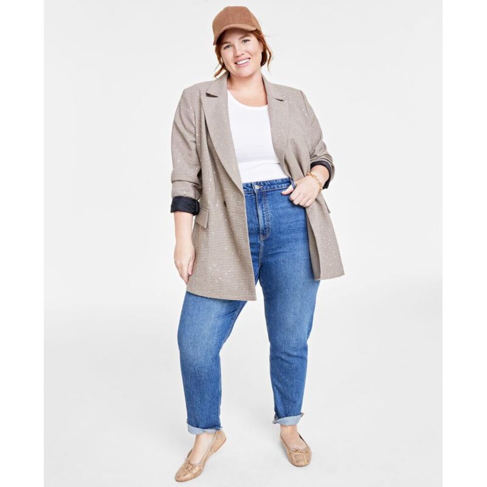 On 34th Plus Size Sequined Plaid Double-Breasted Blazer
